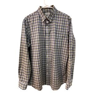 LL Bean Mens Plaid Button Down Shirt Blue Green White Slightly Fitted Medium Reg